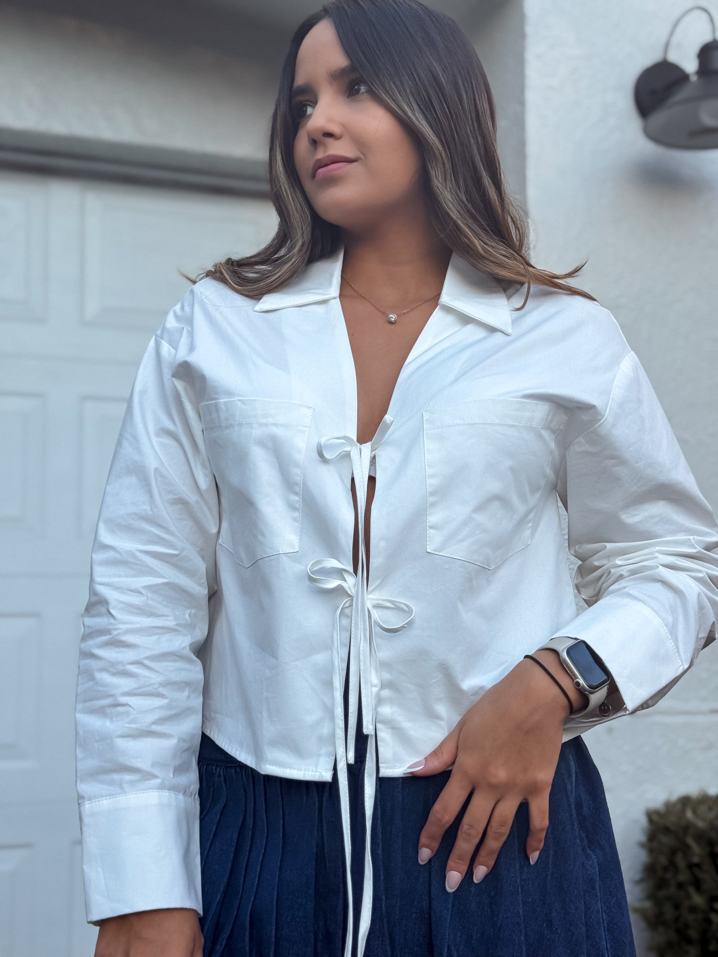 White tie front shirt
