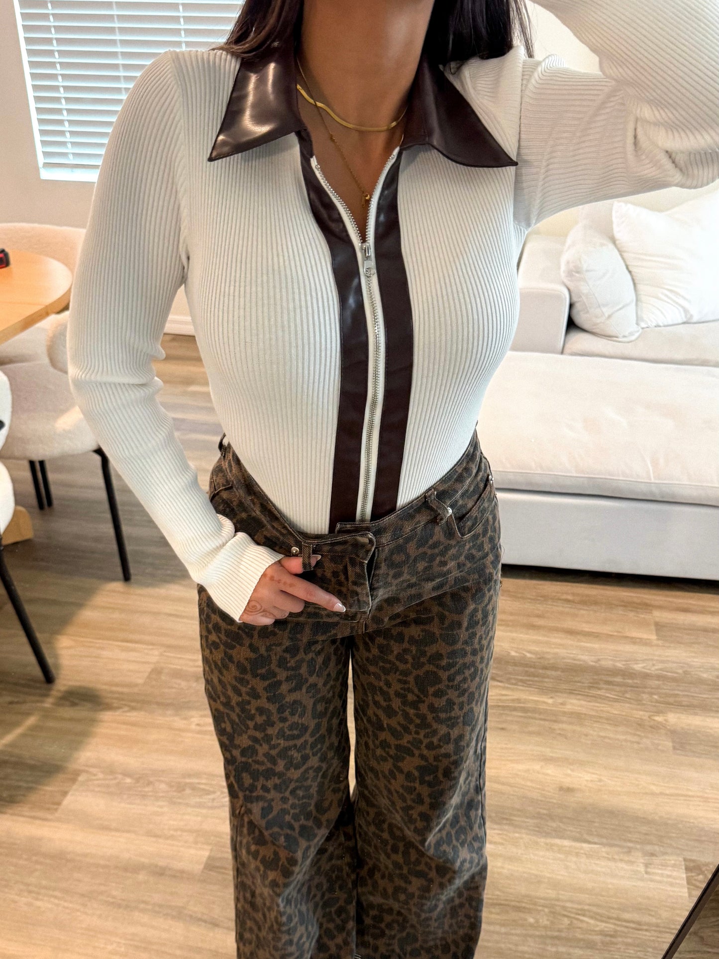 Leather Accent Knit Sweater